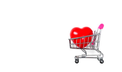 Red Heart in shopping cart or trolley Isolated On White Background.Blood pressure control-Health care concept.Valentine Concept.	
