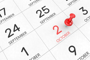 3d rendering of important days concept. October 2nd. Day 2 of month. Red date written and pinned on a calendar. Autumn month, day of the year. Remind you an important event or possibility.