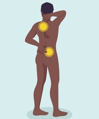 African man shows lumbar back ache pain, one point, during sport or other activities. Medical, pharmaceutical, chiropractic, physiotherapy, alternative therapy concept. Full body and blue background