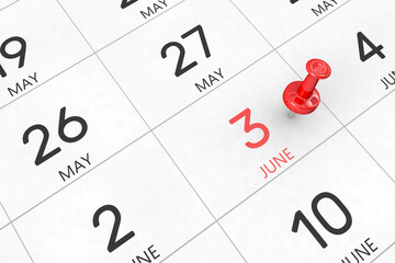 3d rendering of important days concept. June 3rd. Day 3 of month. Red date written and pinned on a calendar. Summer month, day of the year. Remind you an important event or possibility.