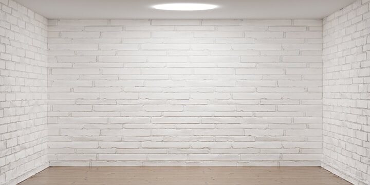 Empty room with white brick wall and wood floor. 3D rendering.