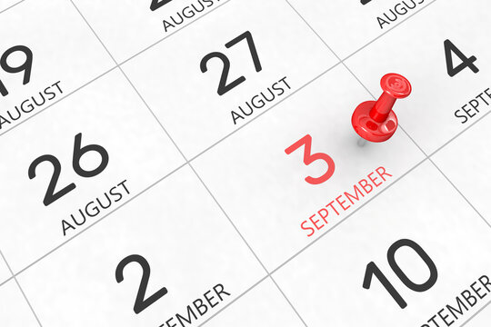 3d rendering of important days concept. September 3rd. Day 3 of month. Red date written and pinned on a calendar. Autumn month, day of the year. Remind you an important event or possibility.