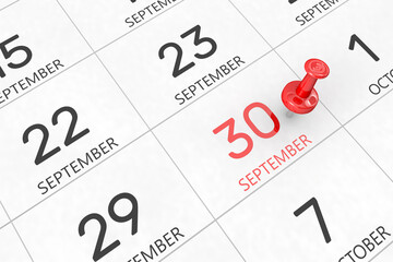 3d rendering of important days concept. September 30th. Day 30 of month. Red date written and pinned on a calendar. Autumn month, day of the year. Remind you an important event or possibility.