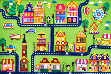 Children's background with houses, roads, cars