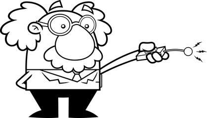 Outlined Science Professor Cartoon Character Using Remote Control. Vector Hand Drawn Illustration Isolated On Transparent Background