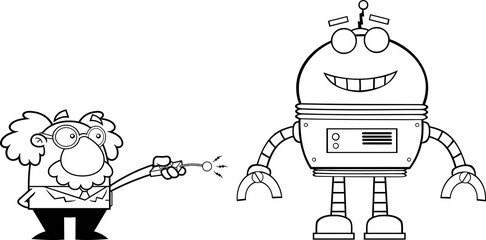 Outlined Science Professor Cartoon Character Using Remote To Enable Big Robot Control. Vector Hand Drawn Illustration Isolated On Transparent Background
