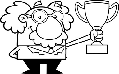 Outlined Smiling Science Professor Cartoon Character Holding A Big Cup. Vector Hand Drawn Illustration Isolated On Transparent Background