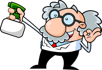 Science Professor Cartoon Character Spraying. Vector Hand Drawn Illustration Isolated On Transparent Background