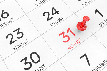 3d rendering of important days concept. August 31st. Day 31 of month. Red date written and pinned on a calendar. Summer month, day of the year. Remind you an important event or possibility. - obrazy, fototapety, plakaty