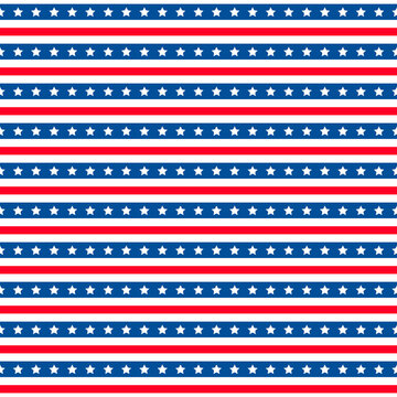 American patriotic seamless pattern. USA traditional background. Red blue white stars and stripes backdrop. Vector template for fabric, textile, wallpaper, wrapping paper, etc