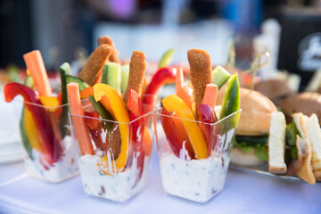 Verrines appetizer with cucumber cream in glasses