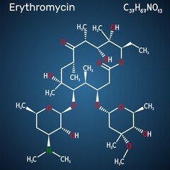 Erythromycin molecule. It is bacteriostatic antibiotic drug, belongs to the macrolide group. Structural chemical formula on the dark blue background