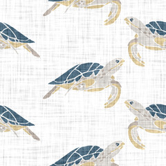 Blue rustic turtle block print on a soft white linen texture background. Seamless bright cloth fabric for fresh coastal cottage linocut decor. Modern stylised marin summer beach  sea life animal © Nautical