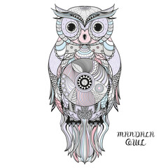 Owl. Design Zentangle. Hand drawn owl with abstract patterns on isolation background. Design for spiritual relaxation for adults. Line art. Print for polygraphy, posters, t-shirts and textiles