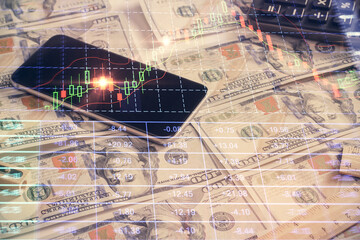 Double exposure of forex graph drawing over us dollars bill background. Concept of financial markets.