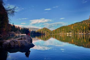 The beautiful Braies lake in late autumn with a little snow, Pearl of the Dolomite lakes is an UNESCO heritage and is located in the Braies Alto Adige,Italy