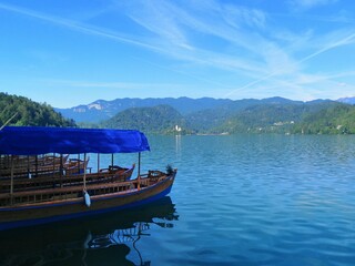 Slovenia, Bled, Lake Bled, island with church, Pletna boats