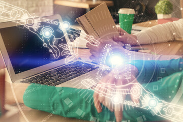 Double exposure of man and woman working together and technology theme drawing hologram. Big data concept. Computer background.