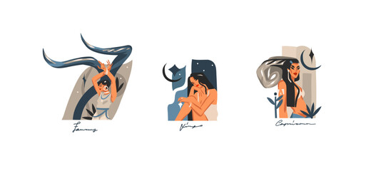 Hand drawn vector stock abstract graphic illustrations with zodiac astrological contemporary earth signs collection set,beauty magic female characters,clipart boho design isolated on white background