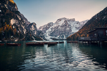 The beautiful Braies lake in late autumn with a little snow, Pearl of the Dolomite lakes is an UNESCO heritage and is located in the Braies Alto Adige,Italy
