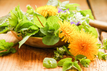 Obraz na płótnie Canvas Wildkräuter Salat Wildkräutersalat essbare Blüten Blätter Salat frisch
