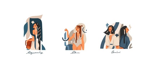 Hand drawn vector stock abstract graphic illustrations with zodiac astrological contemporary air signs collection set,beauty magic female characters,clipart boho design isolated on white background