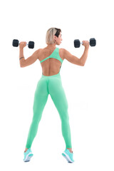 Fototapeta premium Strong woman with dumbbells. Photo of sporty woman in sportswear