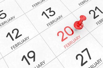 3d rendering of important days concept. February 20th. Day 20 of month. Red date written and pinned on a calendar. Winter month, day of the year. Remind you an important event or possibility.