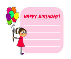 Girl with balloons and a postcard on a white background. Cartoon. Illustration.