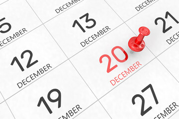 3d rendering of important days concept. December 20th. Day 20 of month. Red date written and pinned on a calendar. Winter month, day of the year. Remind you an important event or possibility.