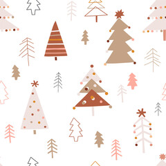 Cute decorated Christmas tree forest vector seamless pattern. Whimsy boho Xmas party abstract modern pine tree hygge festive background. Seasonal winter holidays geometric graphic design