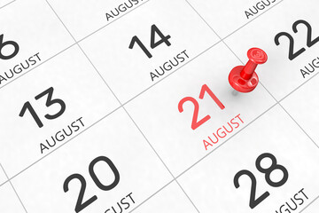 3d rendering of important days concept. August 21st. Day 21 of month. Red date written and pinned on a calendar. Summer month, day of the year. Remind you an important event or possibility. - obrazy, fototapety, plakaty