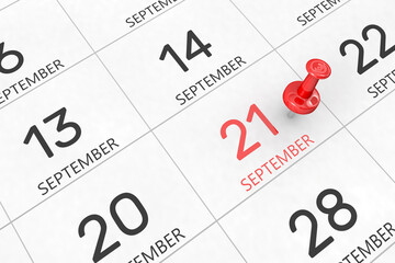 3d rendering of important days concept. September 21st. Day 21 of month. Red date written and pinned on a calendar. Autumn month, day of the year. Remind you an important event or possibility.