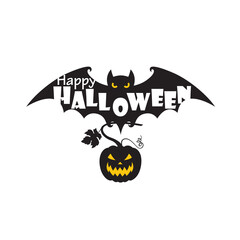 emblem of halloween pumpkin and flying bat isolated on white background