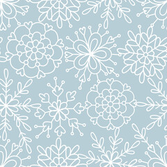Delicate lace doodle snowflakes neutral blue vector seamless pattern. Whimsy Christmas winter modern boho festive ornate background. Seasonal holidays linear geometric graphic design