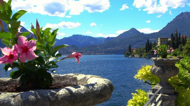 romantic atmosphere and panoramic view of lake como with the italian alps in the background.Travel Italy