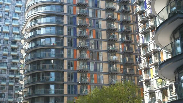Rows of modern high raise apartment buildings.