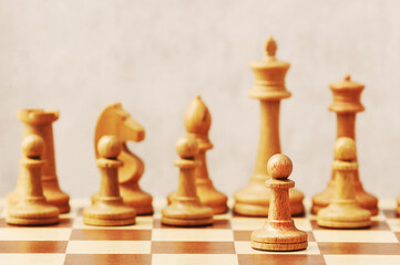 chess on a chessboard - white pawn in front of white chess pieces