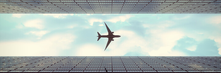 Fototapeta na wymiar Airplane flying over modern skyscrapers against a beautiful blue clouds, 3d illustration