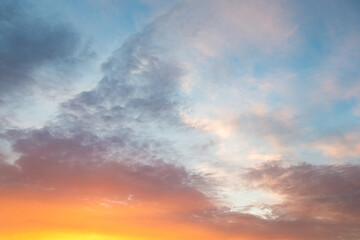 Sunset sky with multicolor clouds. Sky for replacement in architectural photography or 3d design.