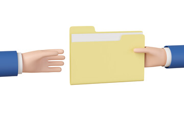Cartoon hands sharing a folder with files isolated on white background. 3d illustration.