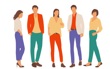 Obraz premium Set of young men and women, different colors, cartoon character, group of silhouettes of standing business people, students, the design concept of flat icon, isolated on white background