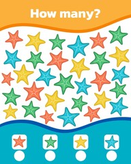 Fototapeta na wymiar Math colorful game for kids. How many multicolored starfish are there.