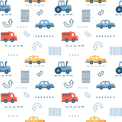 Seamless vector children pattern with cute cartoon cars, tractor, fire truck, taxi car
