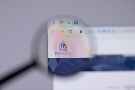 New York, USA - 26 April 2021: Interpol International Criminal Police Organization company logo close-up on website page, Illustrative Editorial.
