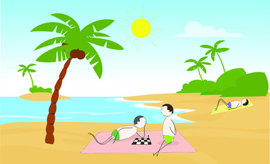 Obraz na płótnie Canvas beach vacation on a sunny day on the sandy seashore, play chess