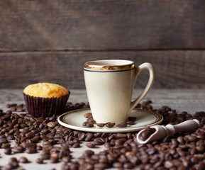 Fototapeta premium Hot coffee cup. strong coffee on wooden table background. fresh coffee. latte coffee. morning coffee. cappuccino coffee. mocha coffee.