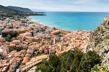 Obraz premium Aerial view on Cefalu, Sicilly with blue sea in distance