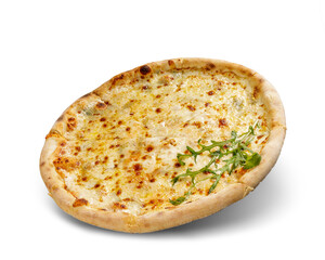 Pizza with cheese and tomato sauce isolated on white background. Deliciouse topping.