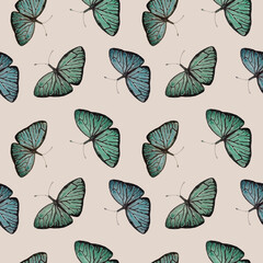 Watercolor seamless pattern with blue, green butterflies on a pastel background